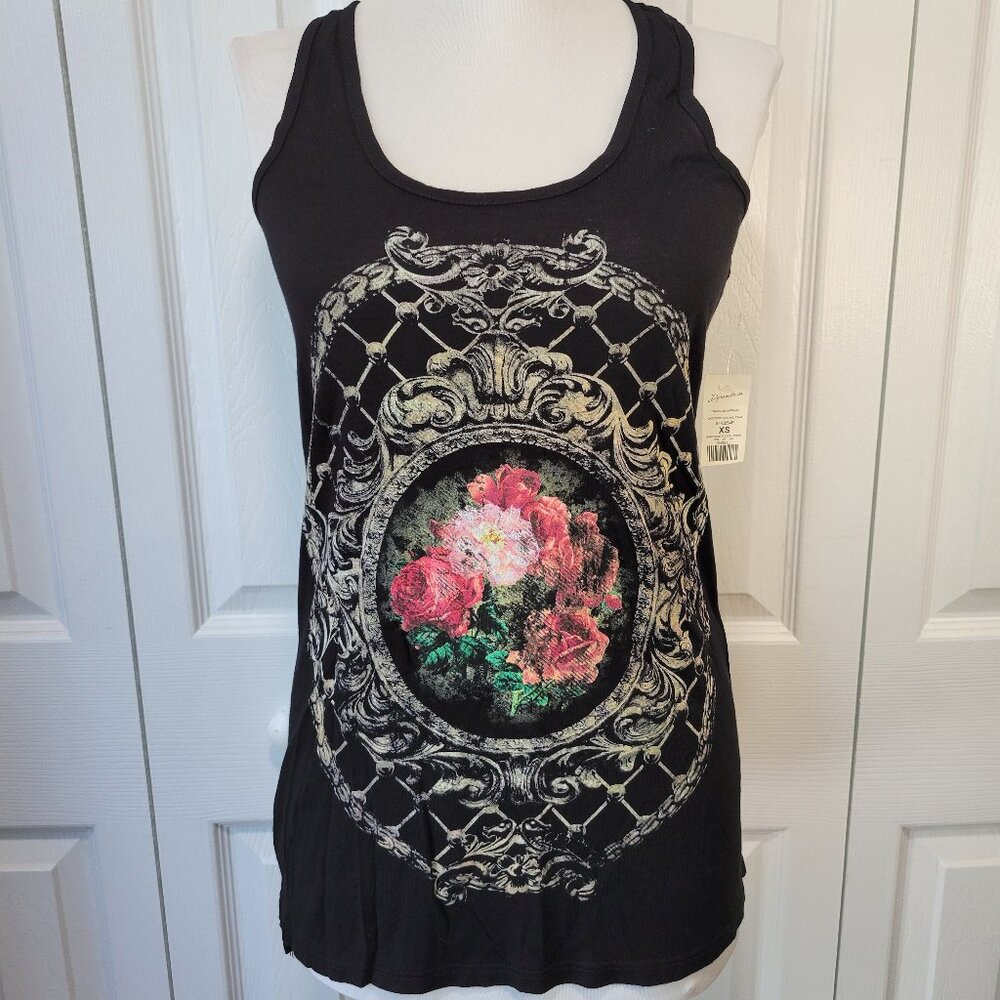 DYNAMITE Black Lattice Victorian Filigree Rose Frame Racerback Tank Top XS NWT